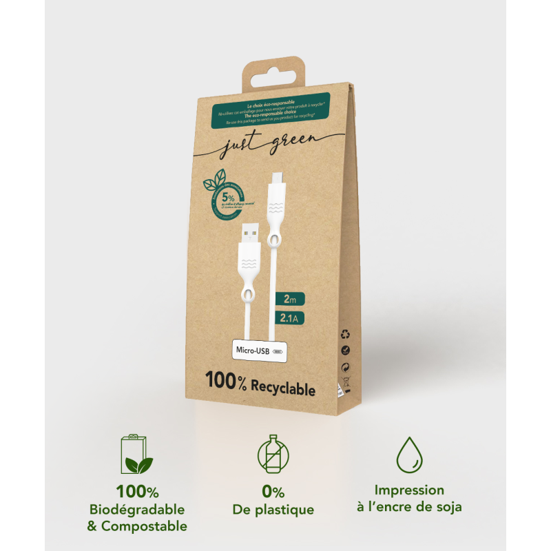 Câble synchro et charge micro USB Blanc 2.1A 2m Just green