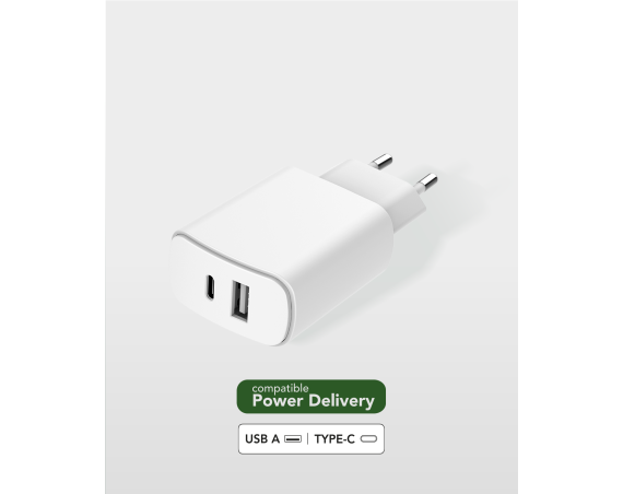 Chargeur maison double Recyclable Blanc USB A+C 12+25W Power Delivery Just Green