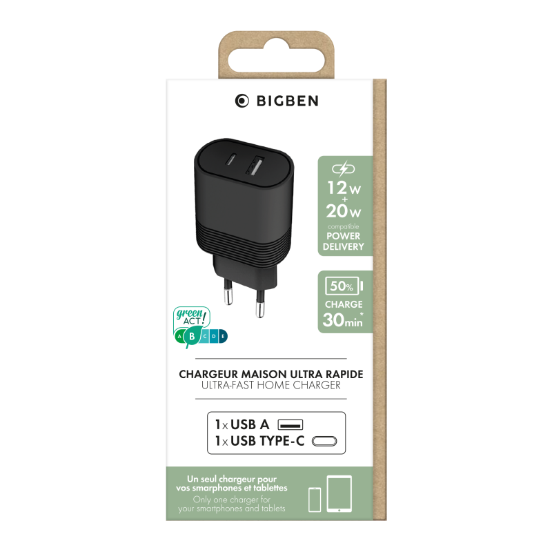 Double Chargeur maison USB A+C PD 32W (12+20W) Power Delivery Noir Bigben