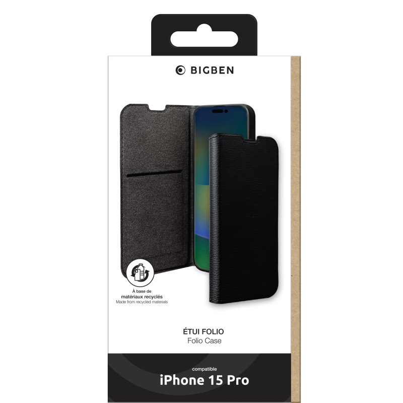 Etui Folio Wallet iPhone 15 Pro Noir - 65% Plastique recyclé Certifié GRS Bigben