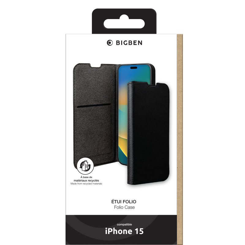 Etui Folio Wallet iPhone 15 Noir - 65% Plastique recyclé Certifié GRS Bigben