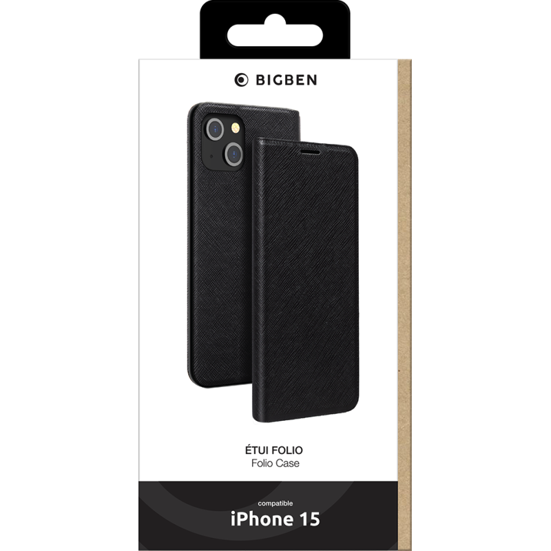 Etui Folio iPhone 15 Noir - Porte-carte intégré Bigben