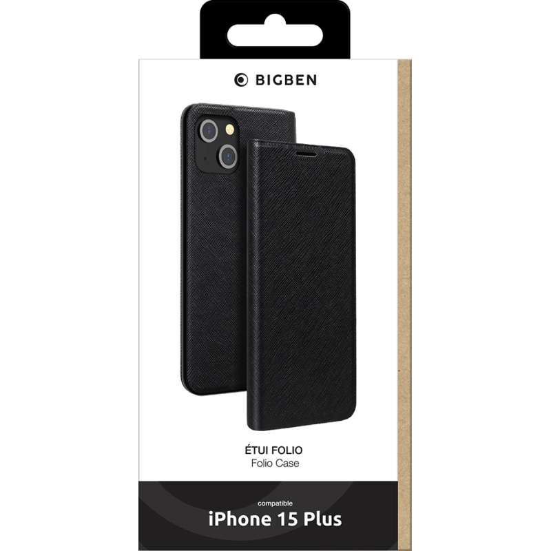 Etui Folio iPhone 15 Plus Noir - Porte-carte intégré Bigben