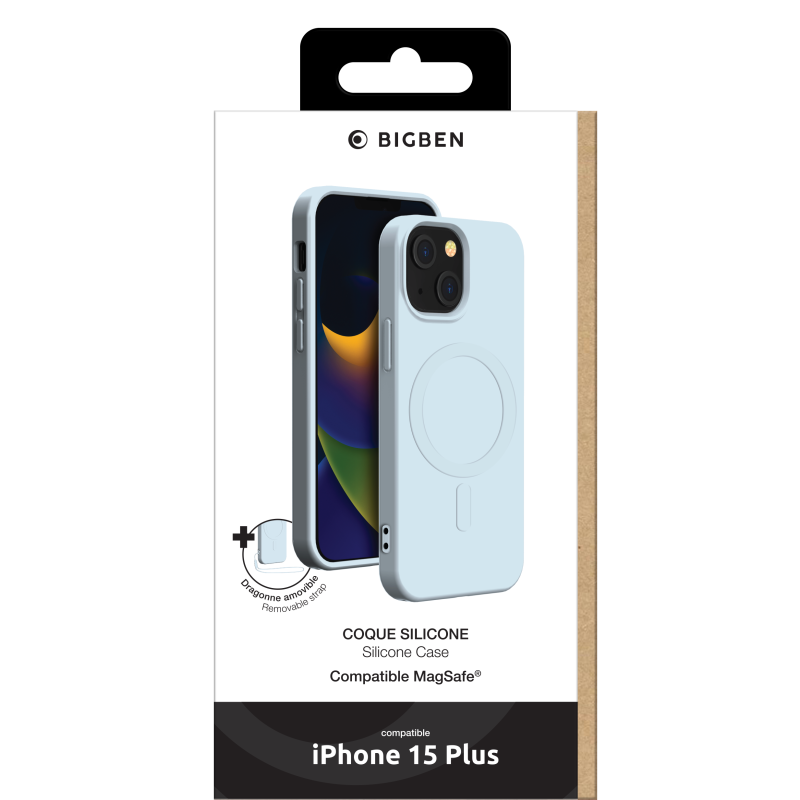 Coque iPhone 15 Plus Compatible MagSafe Silicone Bleue Bigben