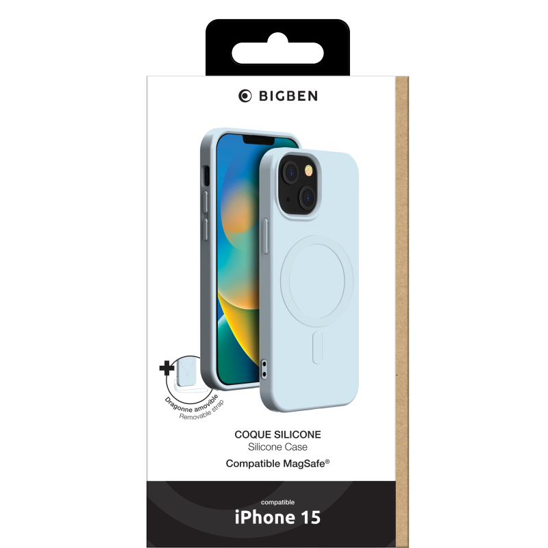 Coque iPhone 15 Compatible MagSafe Silicone Bleue Bigben