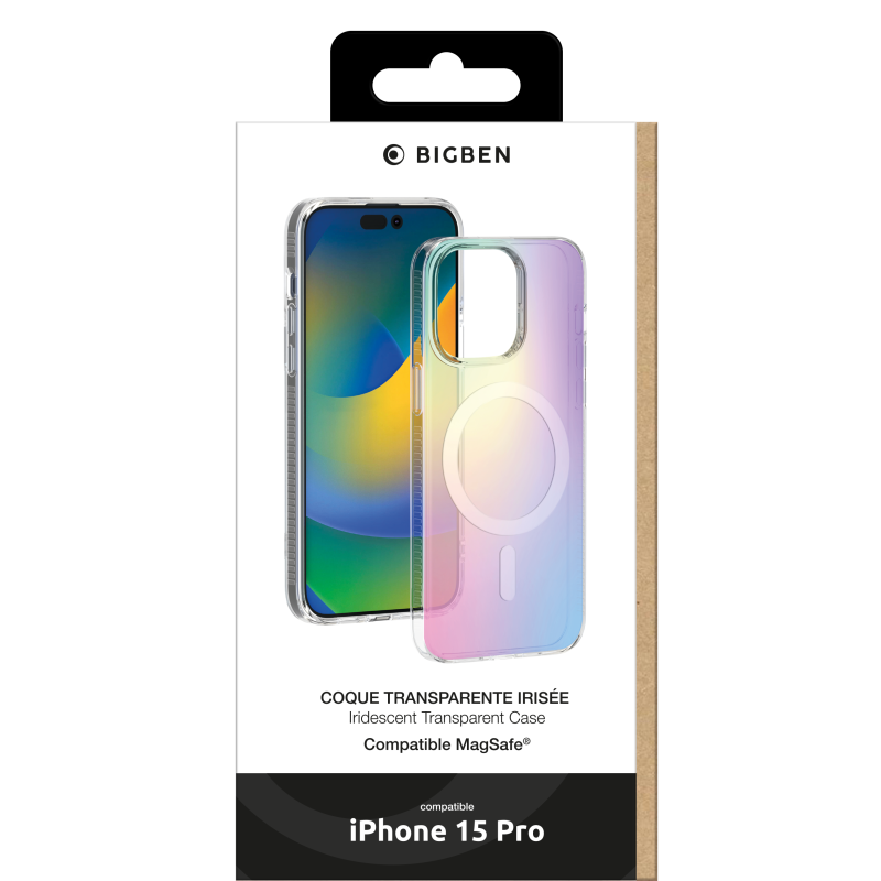 Coque iPhone 15 Pro Compatible MagSafe Hybride Semi-transparente Irisée Bigben