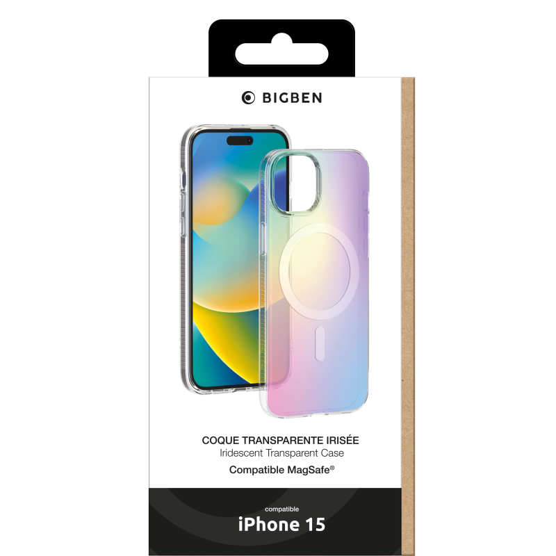 Coque iPhone 15 Compatible MagSafe Hybride Semi-transparente Irisée Bigben