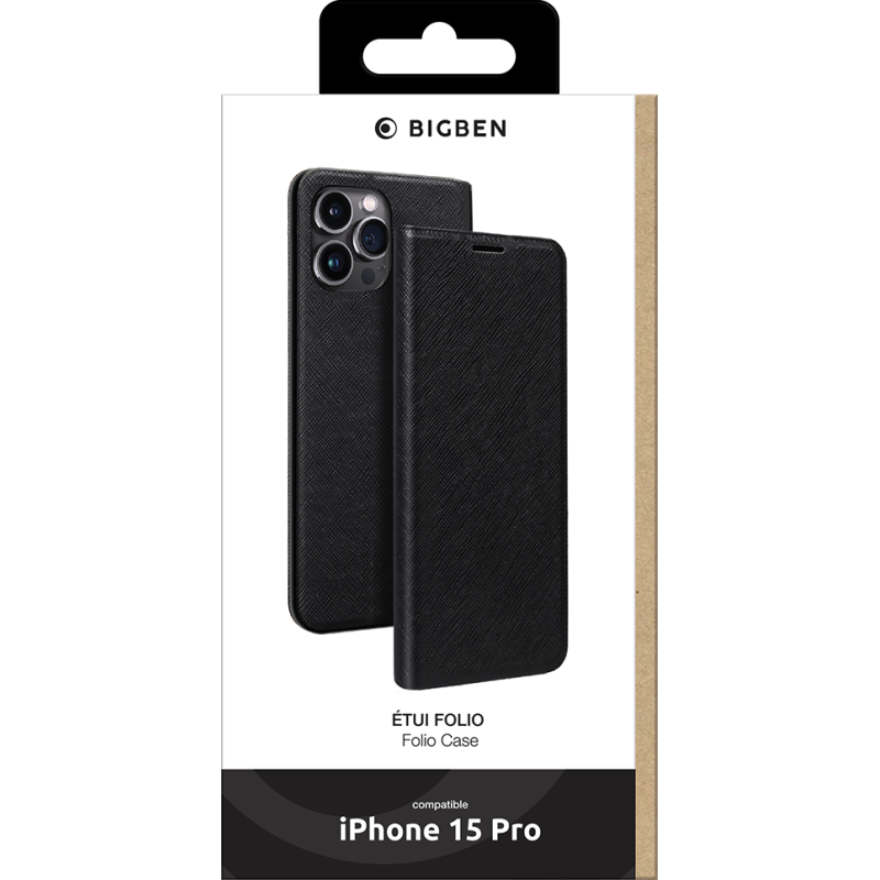 Etui Folio iPhone 15 Pro Noir - Porte-carte intégré Bigben