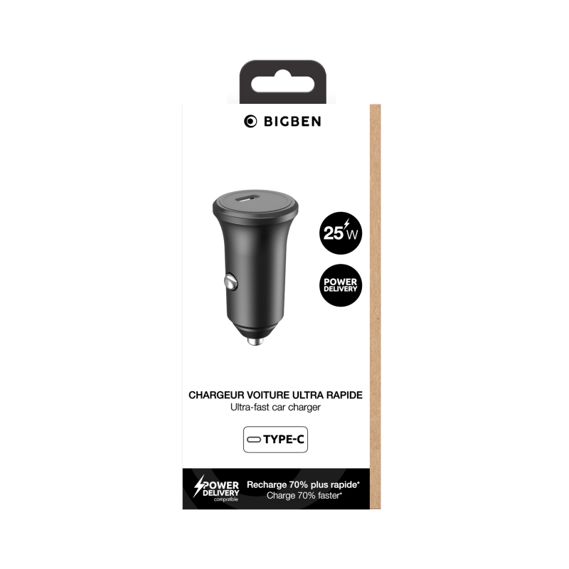 Chargeur voiture 25W USB C Power Delivery Noir Bigben