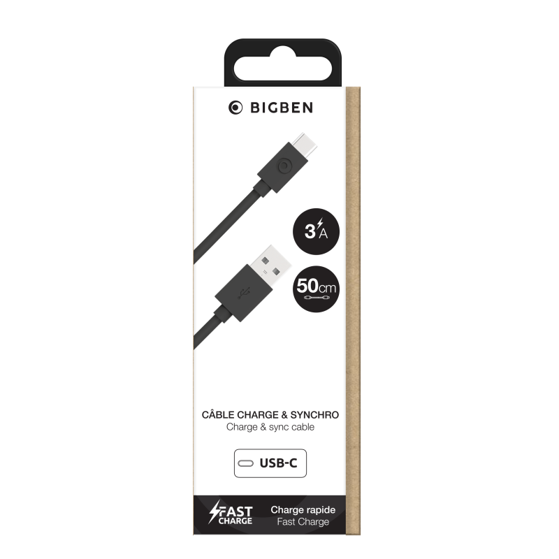 Câble USB A/USB C 50cm 3A Noir Bigben