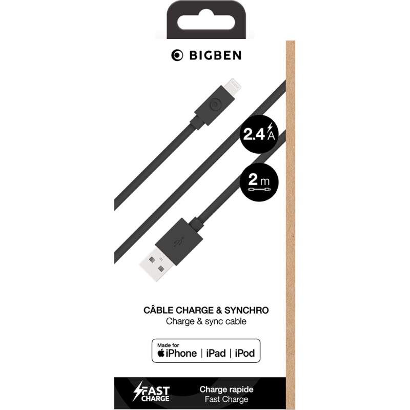 Câble USB A/Lightning 2m 2.4A Noir Bigben