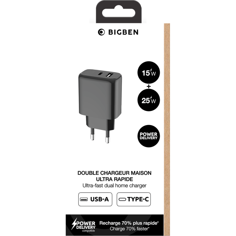 Double Chargeur maison USB A+C 40W (15+25W) Power Delivery Noir Bigben