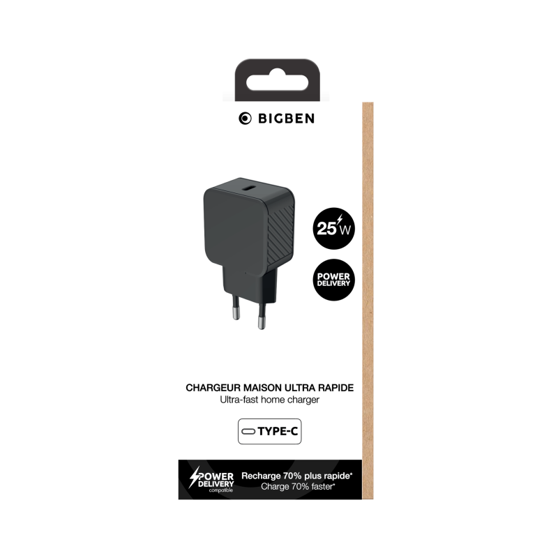 Chargeur maison 25W Power Delivery Noir - 100% Plastique recyclé Bigben