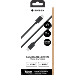 Câble USB C/USB C 2m Noir - 3A - 100% Plastique recyclé Bigben