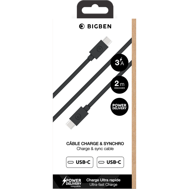 Câble USB C/USB C 2m Noir - 3A - 100% Plastique recyclé Bigben
