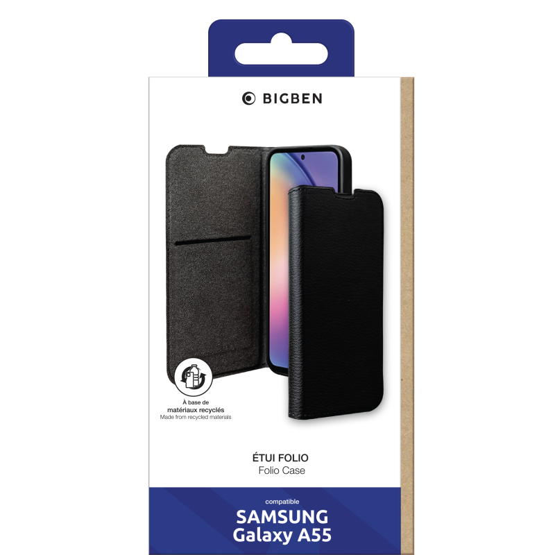 Etui Folio Wallet Samsung Galaxy A55 Support vidéo Noir - 65% Plastique recyclé Certifié GRS Bigben