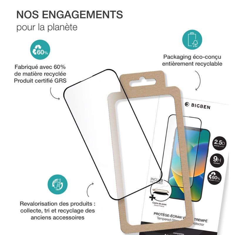 Protège écran iPhone 16 / 15 + SmartFrame™ 2.5D Verre trempé - Certifié GRS