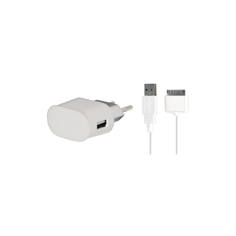 Chargeur maison Blanc USB A 1A + Câble USB A/30 PINS - Bigben