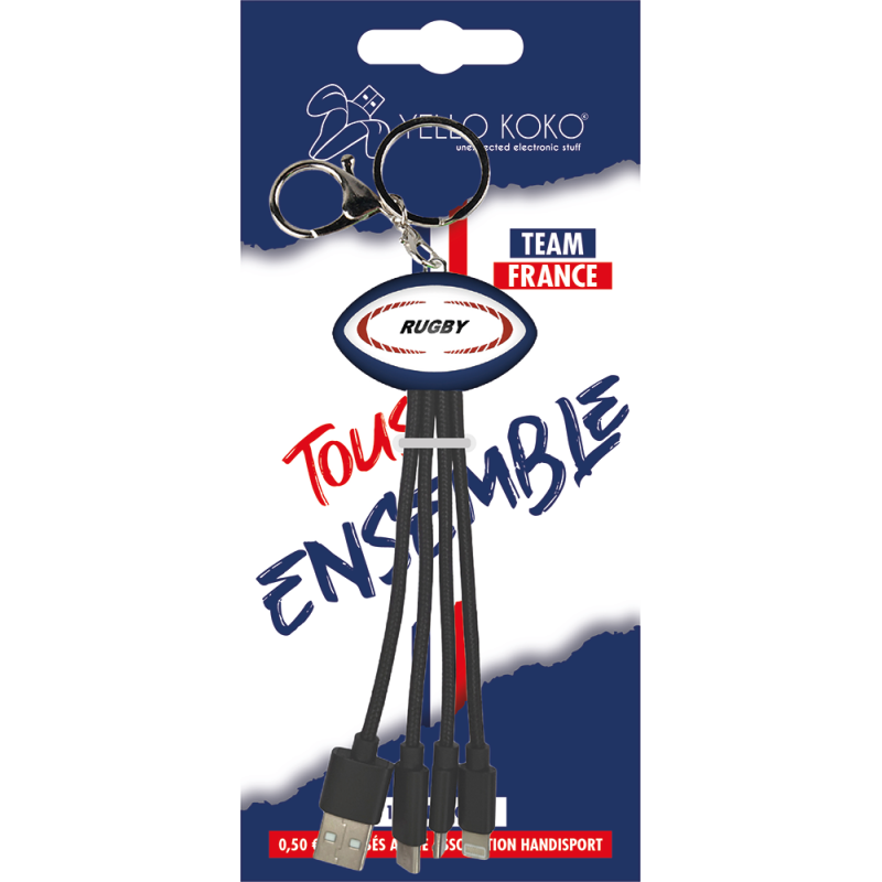 Câble 3 en 1 Andy Sport USB A/micro USB & USB C & Lightning 0,20m Rugby Yello Koko