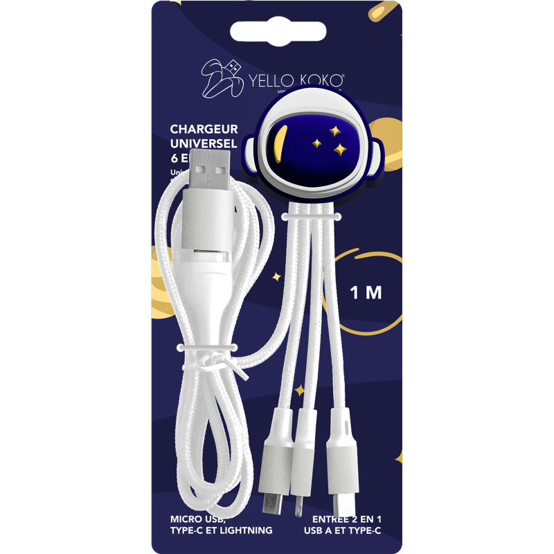 Câble 5 en 1 Andy XXL USB A+C/micro USB & USB C & Lightning 1m Astro Yello Koko