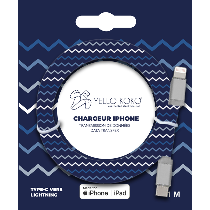 Câble Plat USB C/Lightning 1m Kami Motifs Zigzag Yello Koko