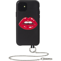 Coque pour iPhone 11 Bastille en Cuir avec Motif Bouche en relief et chaine dragonne argentée Artefakt